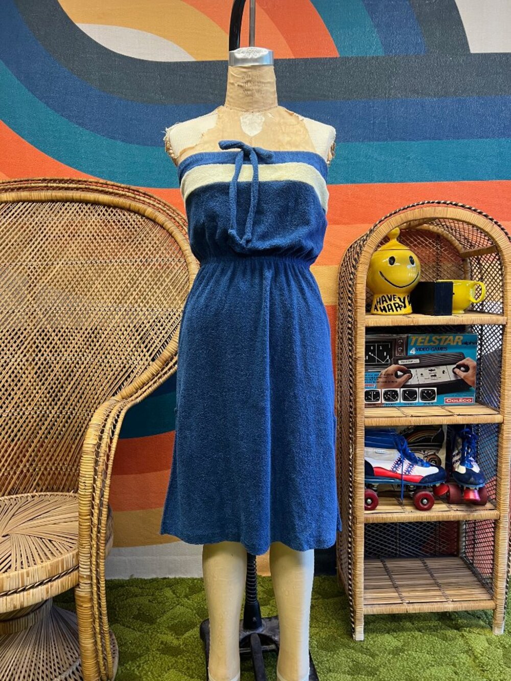EUC Vintage Julie Girl 70s 80s Terry Cloth Tube Top Blue Summer Dress Medium